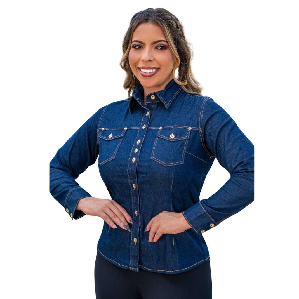 Camisa Manga Longa Feminina Plus Size Jeans c/ Lycra Plus Size ref 006