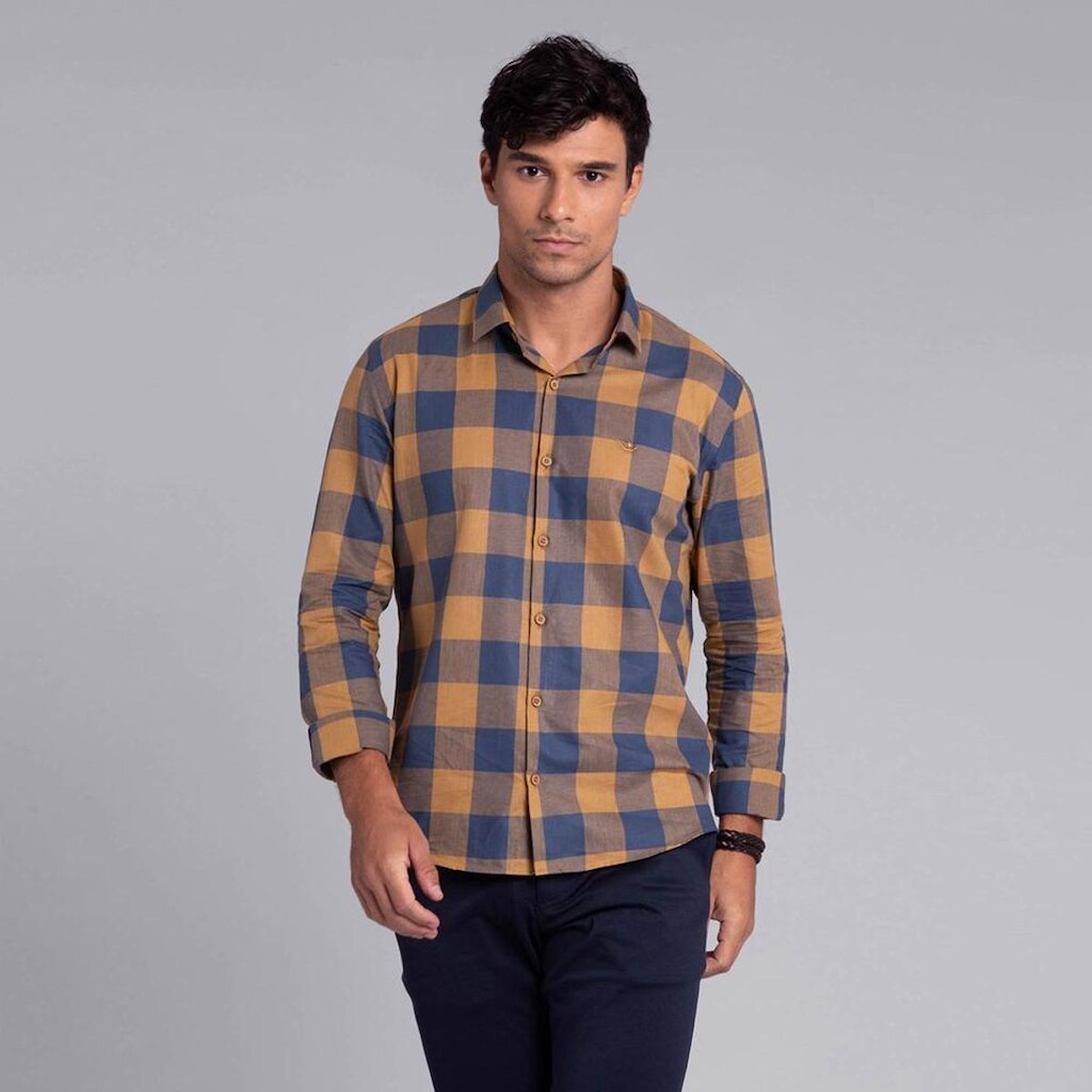 Camisa Manga Longa Masculina Xadrez Docthos Slim Algodão