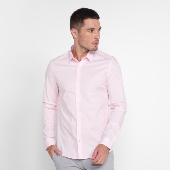Camisa Manga Longa Slim Calvin Klein Masculina - Rosa Claro Menor preço em Camisa Manga Longa Slim Calvin Klein Masculina - Rosa Claro