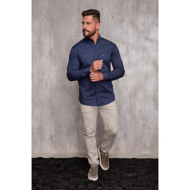 Camisa Masculina Acetinada Gola Padre Manga Longa Elastano