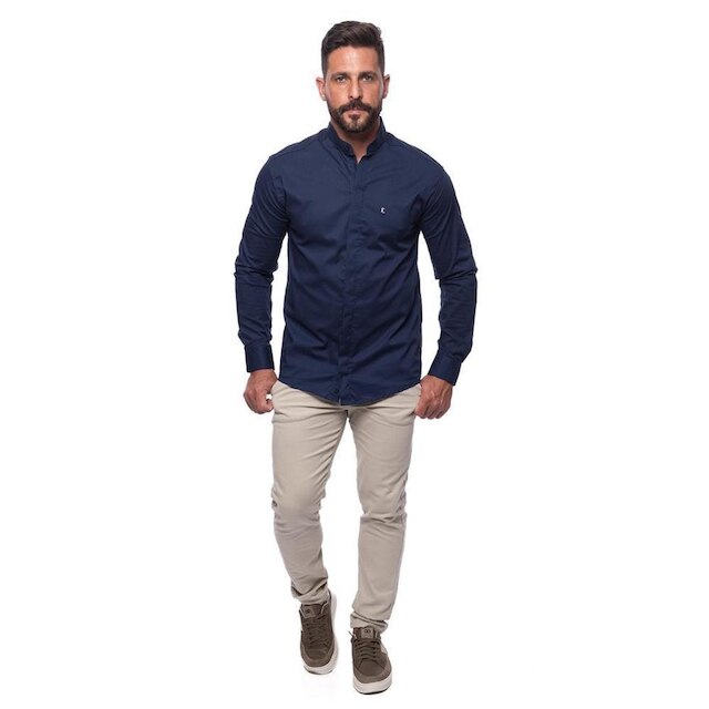 Camisa Masculina Acetinada Gola Padre Manga Longa Elastano