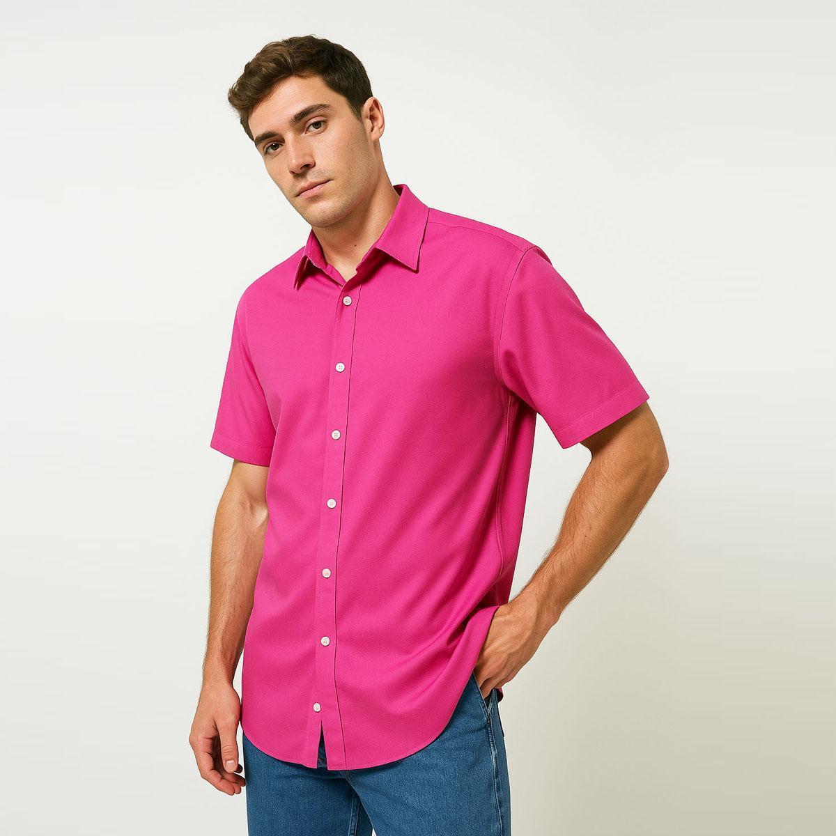 Menor preço em Camisa Masculina De Botão Manga Curta Rosa Pink Casual