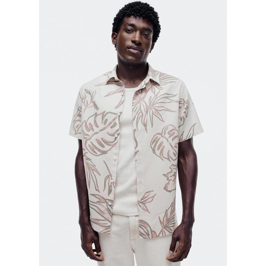 Camisa Masculina Manga Curta Estampada Com Linho