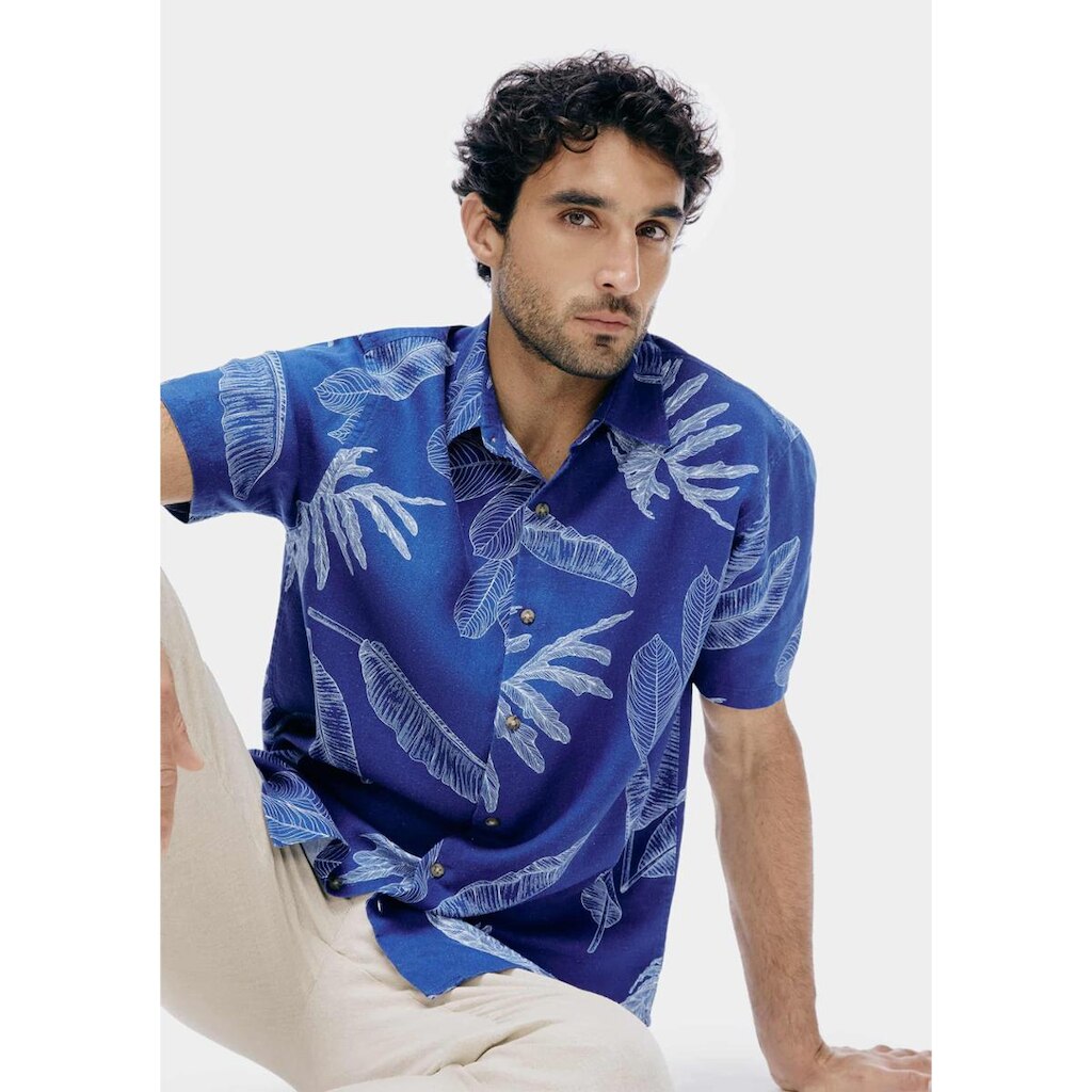 Camisa Masculina Manga Curta Estampada Em Linho