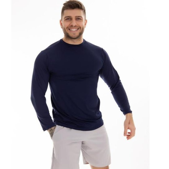 Camisa Masculina Proteção UV Térmica Poliéster Manga Longa - Marinho Menor preço em Camisa Masculina Proteção UV Térmica Poliéster Manga Longa - Marinho