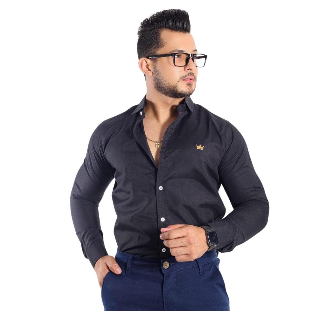 Camisa Masculina Tencel Manga Longa Preta Social Casual Premium Menor preço em Camisa Masculina Tencel Manga Longa Preta Social Casual Premium