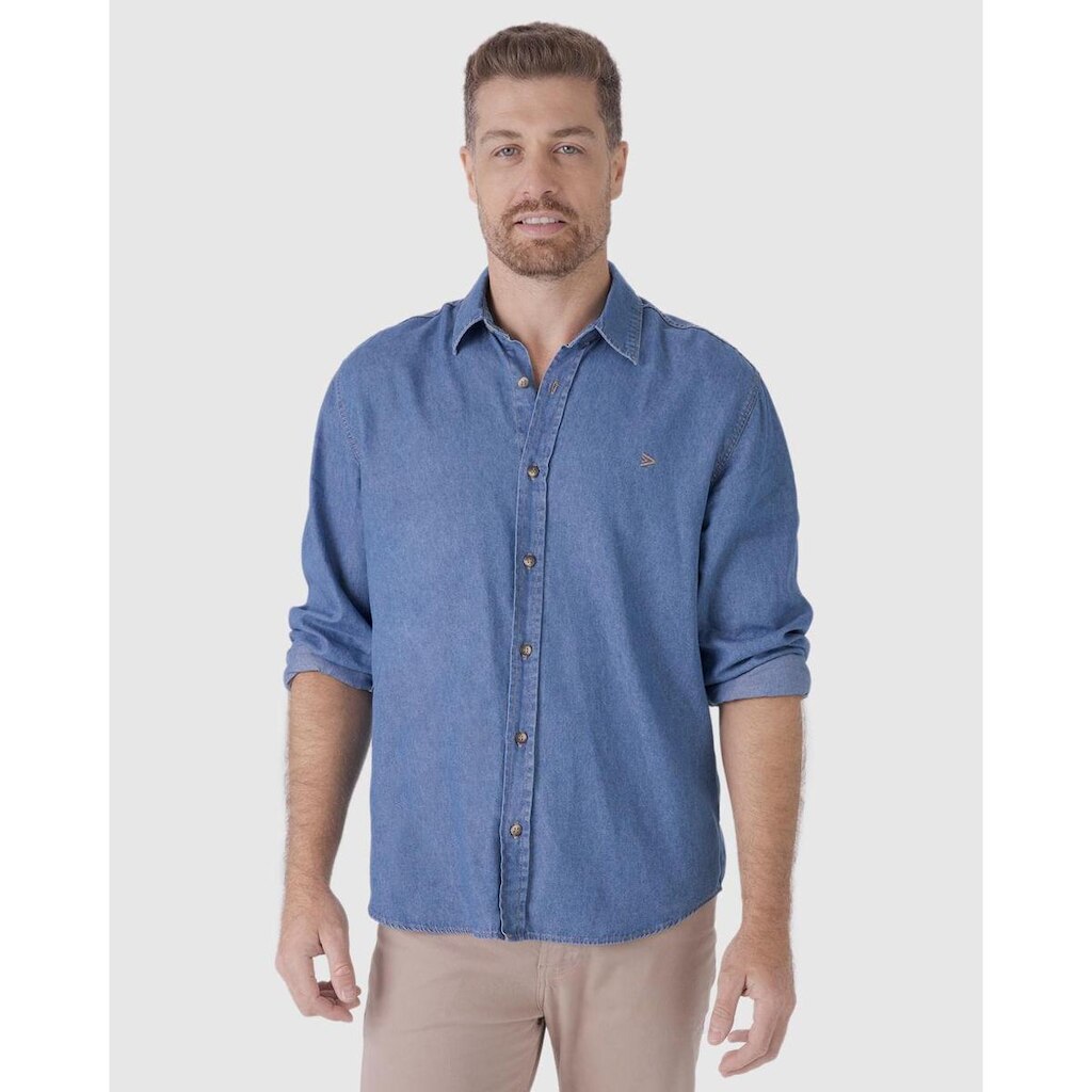 Camisa Masculina Tradicional Manga Longa Em Jeans Leve Soft