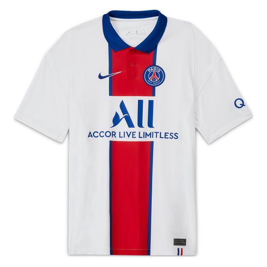 Camisa Paris Saint-Germain Away 20/21 s/n° Torcedor Nike Masculina - Branco e Azul Menor preço em Camisa Paris Saint-Germain Away 20/21 s/n° Torcedor Nike Masculina - Branco e Azul
