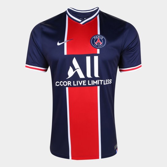 Camisa Paris Saint-Germain Home 20/21 s/n° Torcedor Nike Masculina - Marinho+Branco Menor preço em Camisa Paris Saint-Germain Home 20/21 s/n° Torcedor Nike Masculina - Marinho+Branco