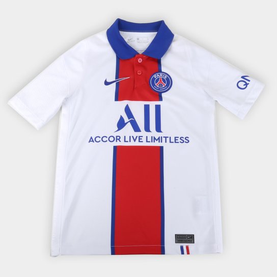 Camisa Paris Saint-Germain Juvenil Away 20/21 s/n° Torcedor Nike - Branco+Azul Menor preço em Camisa Paris Saint-Germain Juvenil Away 20/21 s/n° Torcedor Nike - Branco+Azul