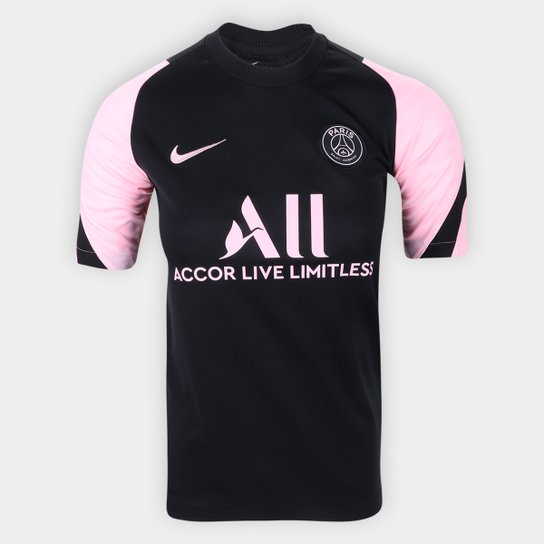 Camisa Paris Saint-Germain Juvenil Treino 21/22 s/nº Torcedor Nike - Preto+Rosa Menor preço em Camisa Paris Saint-Germain Juvenil Treino 21/22 s/nº Torcedor Nike - Preto+Rosa