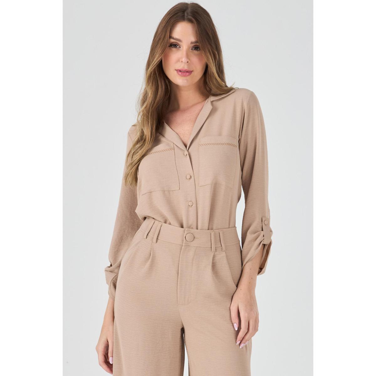 Camisa PKS Manga Longa Bolso Bordado Bege-G