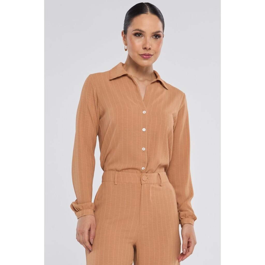 Camisa PKS Manga Longa Risca de Giz Bege