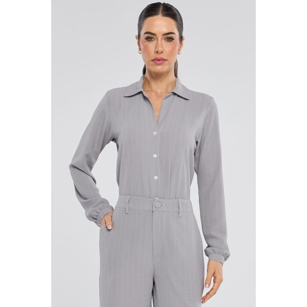 Camisa PKS Manga Longa Risca de Giz Cinza