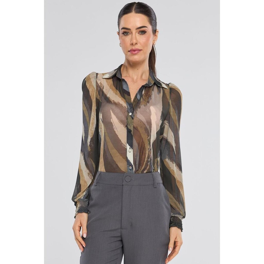 Camisa PKS Tule Manga Longa Estampa Leaves