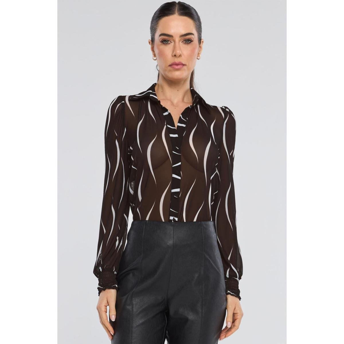 Camisa PKS Tule Manga Longa Estampa Stripe P&B