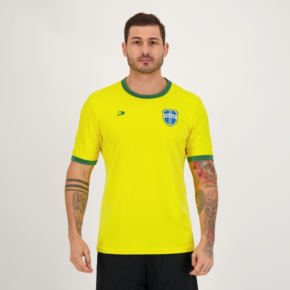 Camisa Placar Brasil Brasão Amarela Menor preço em Camisa Placar Brasil Brasão Amarela