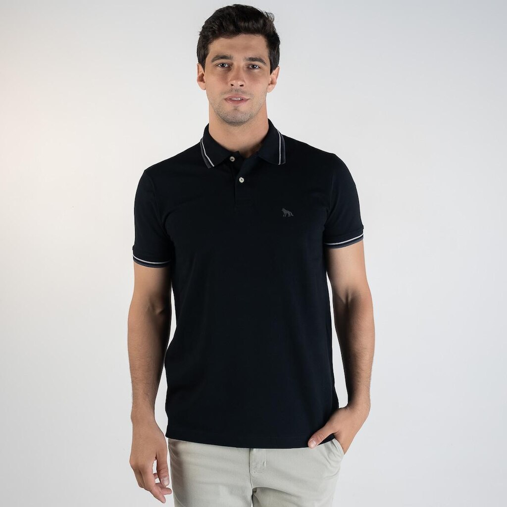 Camisa Polo Acostamento Frisos Preta
