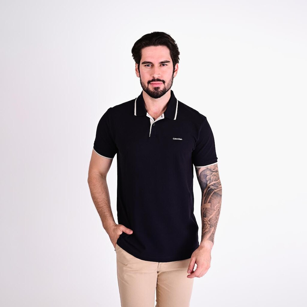 Camisa Polo Calvin Klein Regular Frisos Preta