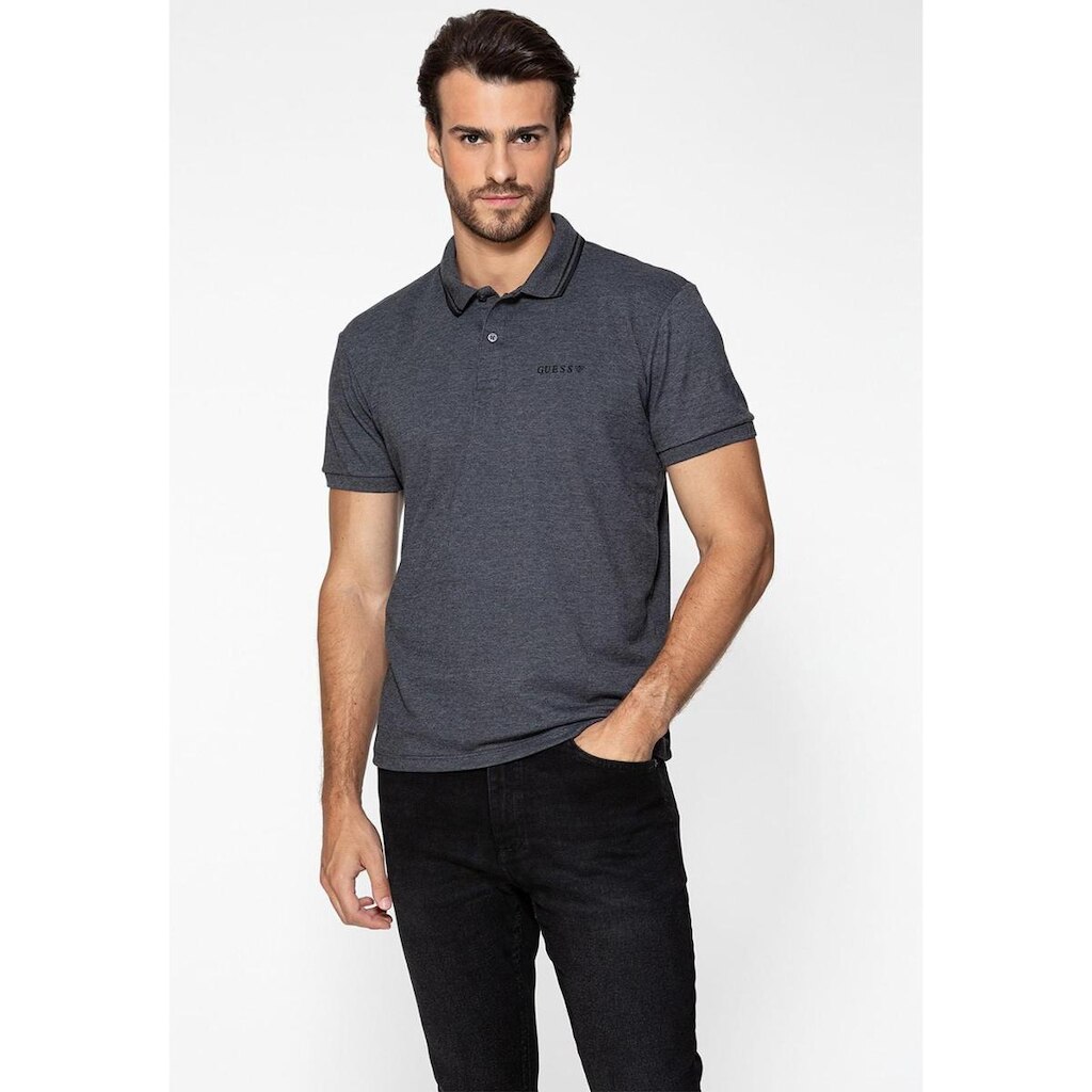Camisa Polo Guess Silk Peito Frisos Gola Cinza Escuro
