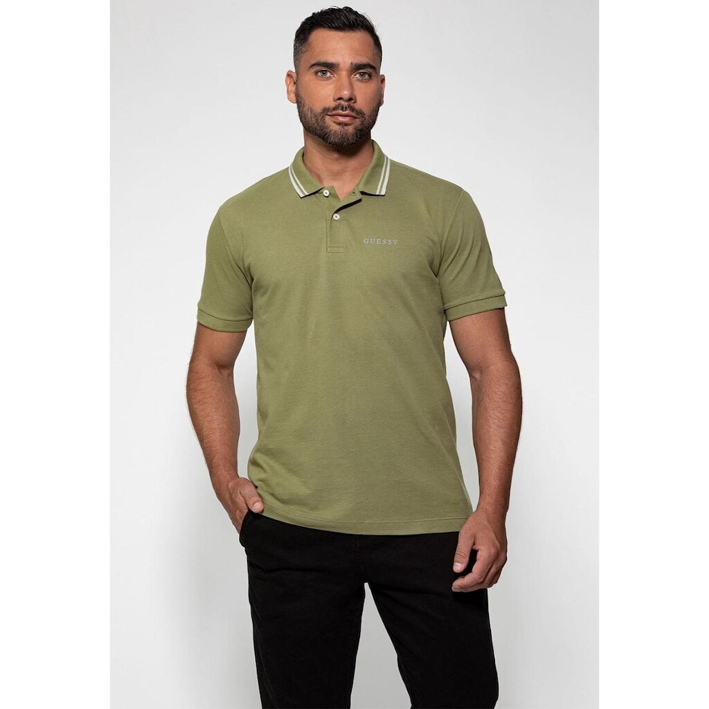 Camisa Polo Guess Silk Peito Frisos Gola Verde Escuro