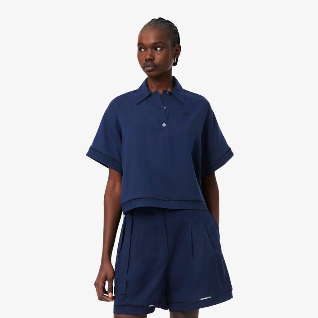 Camisa Polo Lacoste Oversized Em Sarja Fluida Feminina