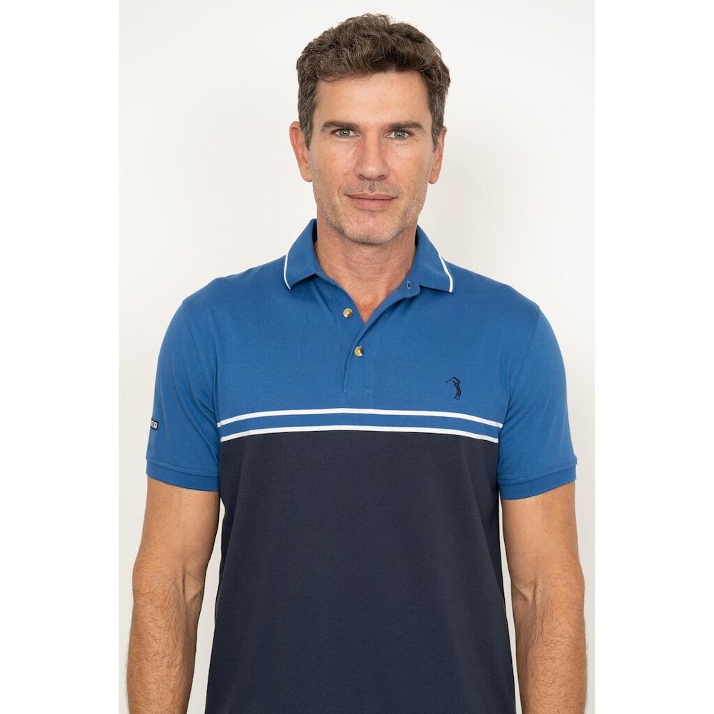 Camisa Polo Listrada Meia Malha Mc Azul