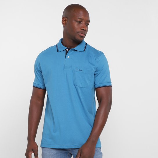 Camisa Polo Pierre Cardin com Bolso Masculina - Azul Menor preço em Camisa Polo Pierre Cardin com Bolso Masculina - Azul
