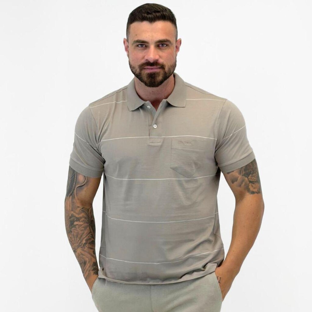 Camisa Polo Pierre Cardin Listrada com Bolso Manga Curta Masculina