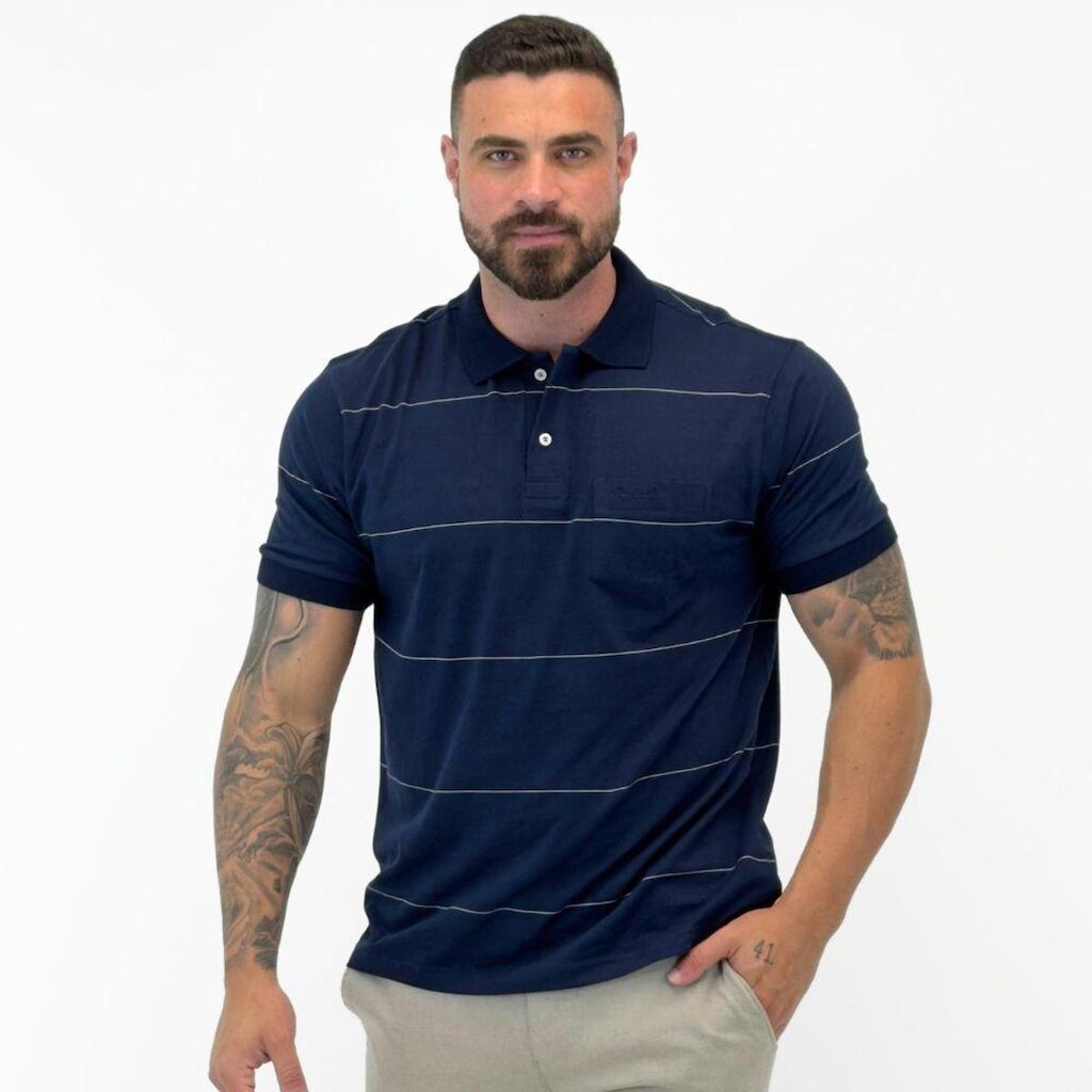 Camisa Polo Pierre Cardin Listrada com Bolso Manga Curta Masculina