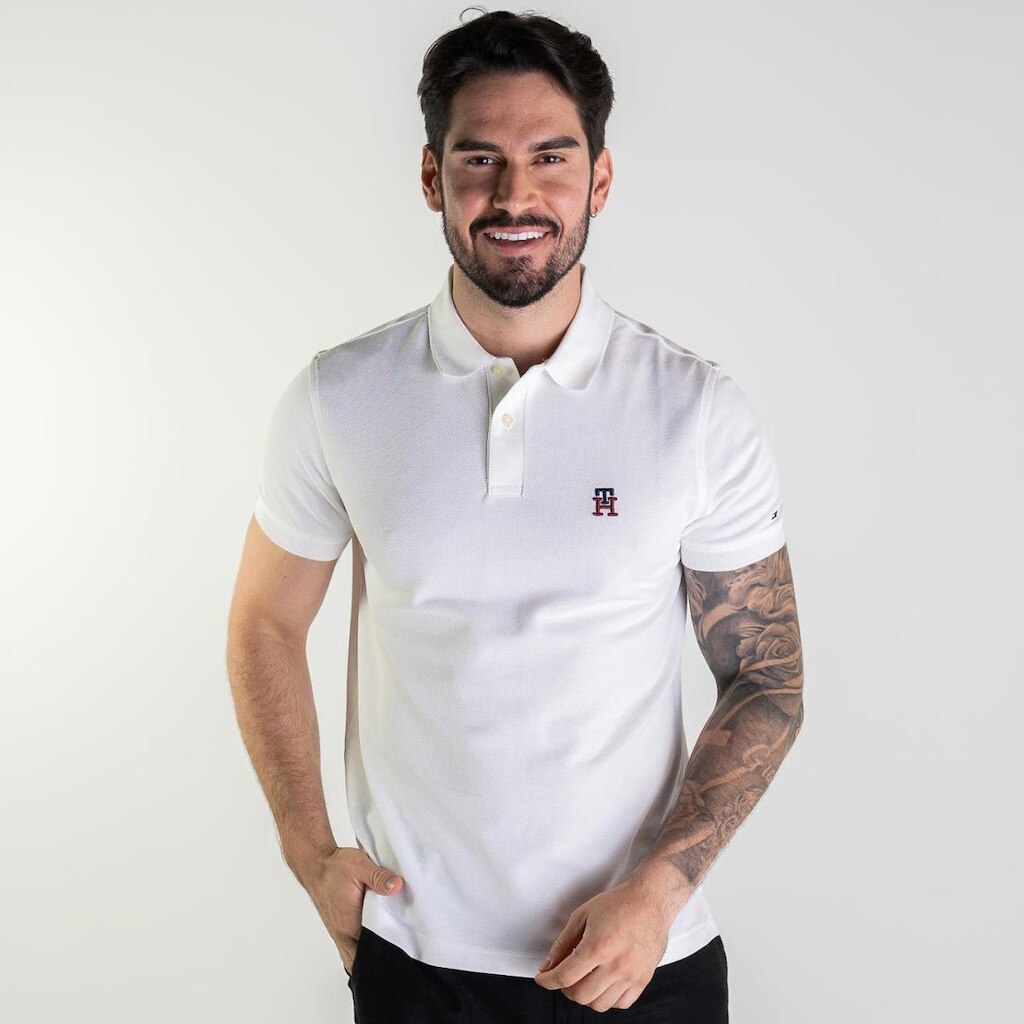 Camisa Polo Tommy Hilfiger Cuff Monogram Branca
