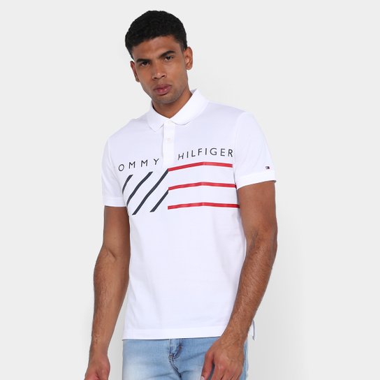 Camisa Polo Tommy Hilfiger Estampada Masculina - Branco Menor preço em Camisa Polo Tommy Hilfiger Estampada Masculina - Branco
