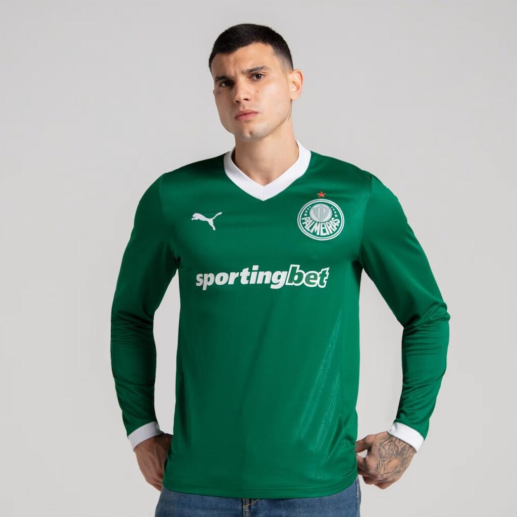 Camisa Puma Palmeiras I 2025 Manga Longa Com Patrocínio