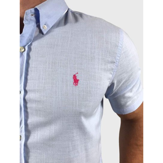 Camisa Ralph Lauren Masculina Manga Curta Custom Fit Classic - Azul Menor preço em Camisa Ralph Lauren Masculina Manga Curta Custom Fit Classic - Azul