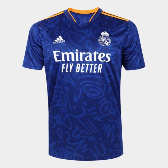 Camisa Real Madrid Away 21/22 s/n° Torcedor Adidas Masculina - Azul+Laranja Menor preço em Camisa Real Madrid Away 21/22 s/n° Torcedor Adidas Masculina - Azul+Laranja