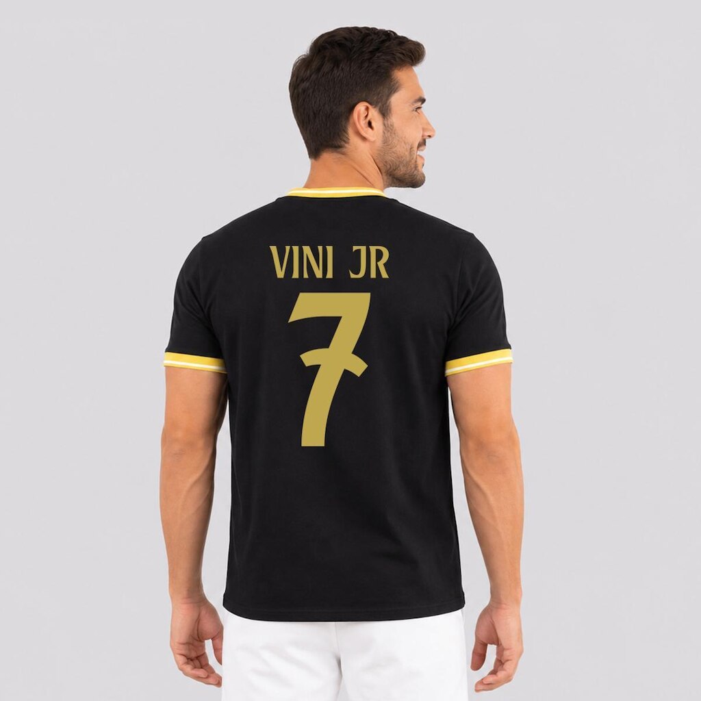 Camisa Real Madrid Dorado Preta 7 Vini Jr