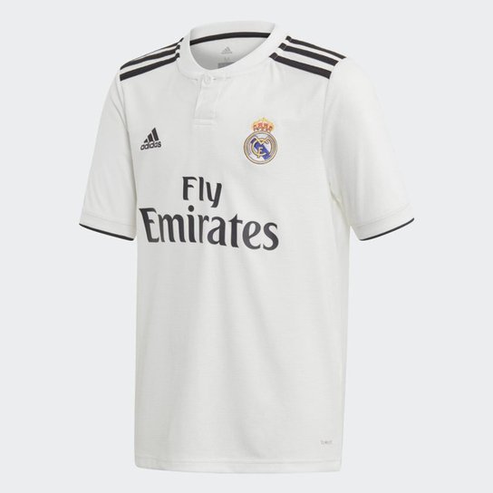Camisa Real Madrid Infantil Home 2018 s/n° - Torcedor Adidas - Branco+Preto Menor preço em Camisa Real Madrid Infantil Home 2018 s/n° - Torcedor Adidas - Branco+Preto