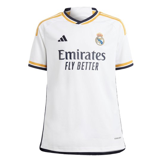 Camisa Real Madrid Infantil Home 23/24 s/n° Torcedor Adidas - Branco Menor preço em Camisa Real Madrid Infantil Home 23/24 s/n° Torcedor Adidas - Branco