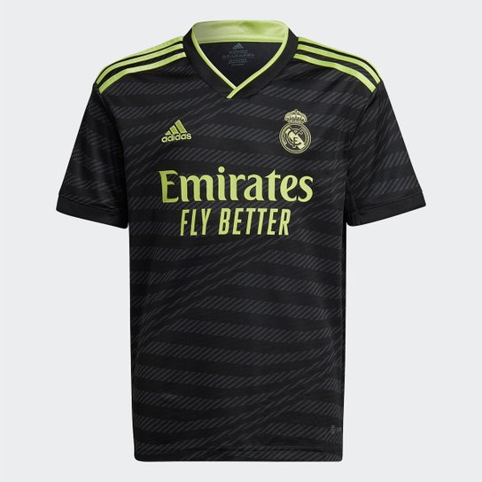 Camisa Real Madrid Infantil III 22/23 s/n° Torcedor Adidas Masculina - Preto+verde Menor preço em Camisa Real Madrid Infantil III 22/23 s/n° Torcedor Adidas Masculina - Preto+verde