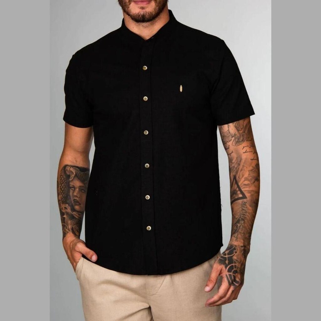 Camisa Red Feather Gola Padre MC Linho Preta