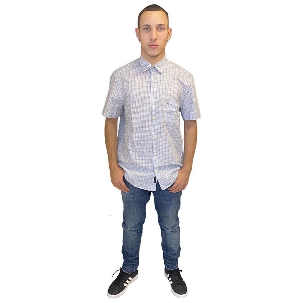 Camisa Reg Aramis Tricoline Micro Xadrez Branco/Azul