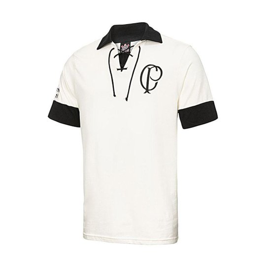 Camisa Retrô Corinthians Réplica CP 1910 Masculina - Off White+Preto Menor preço em Camisa Retrô Corinthians Réplica CP 1910 Masculina - Off White+Preto