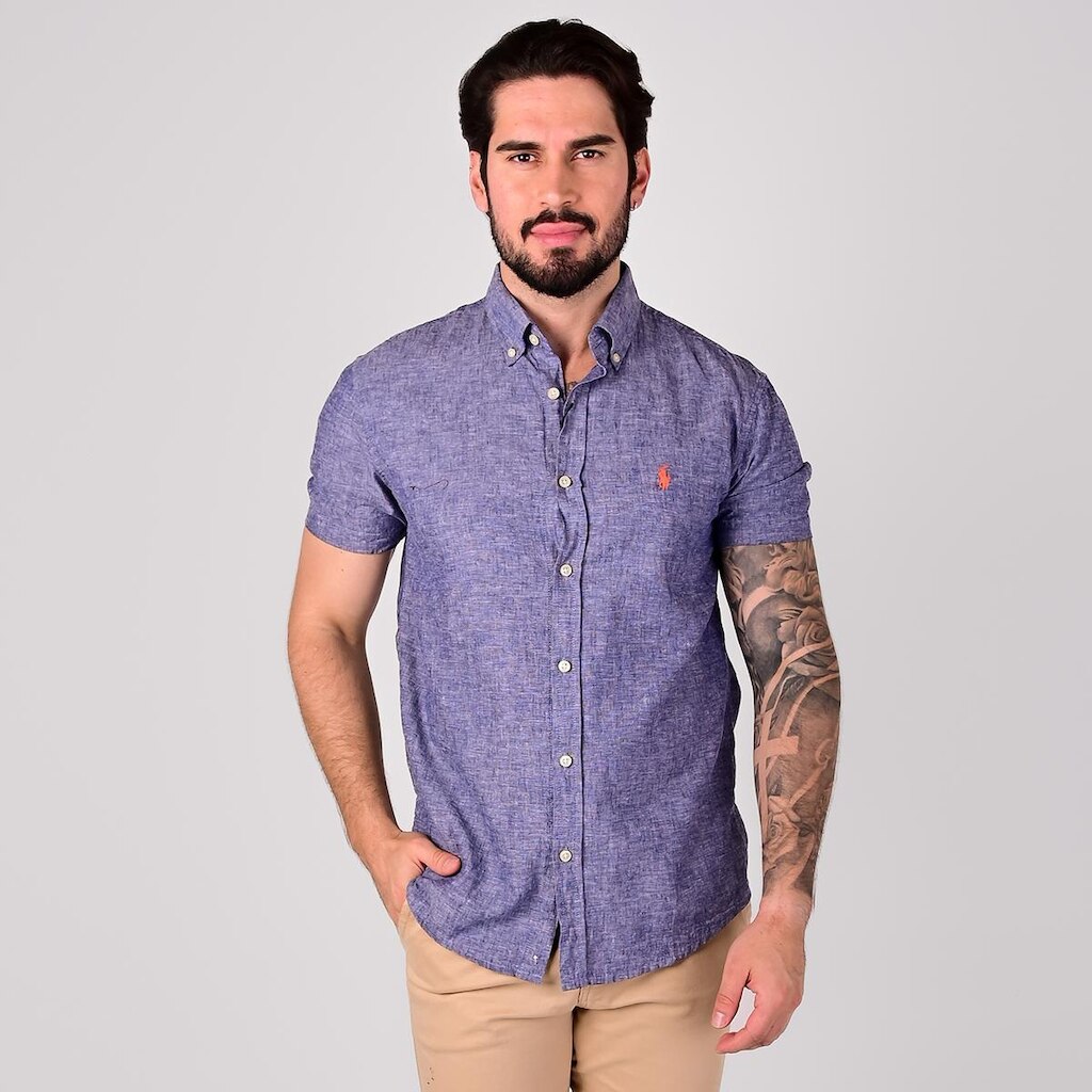 Camisa RL Custom Fit Linho Marinho Mescla Manga Curta