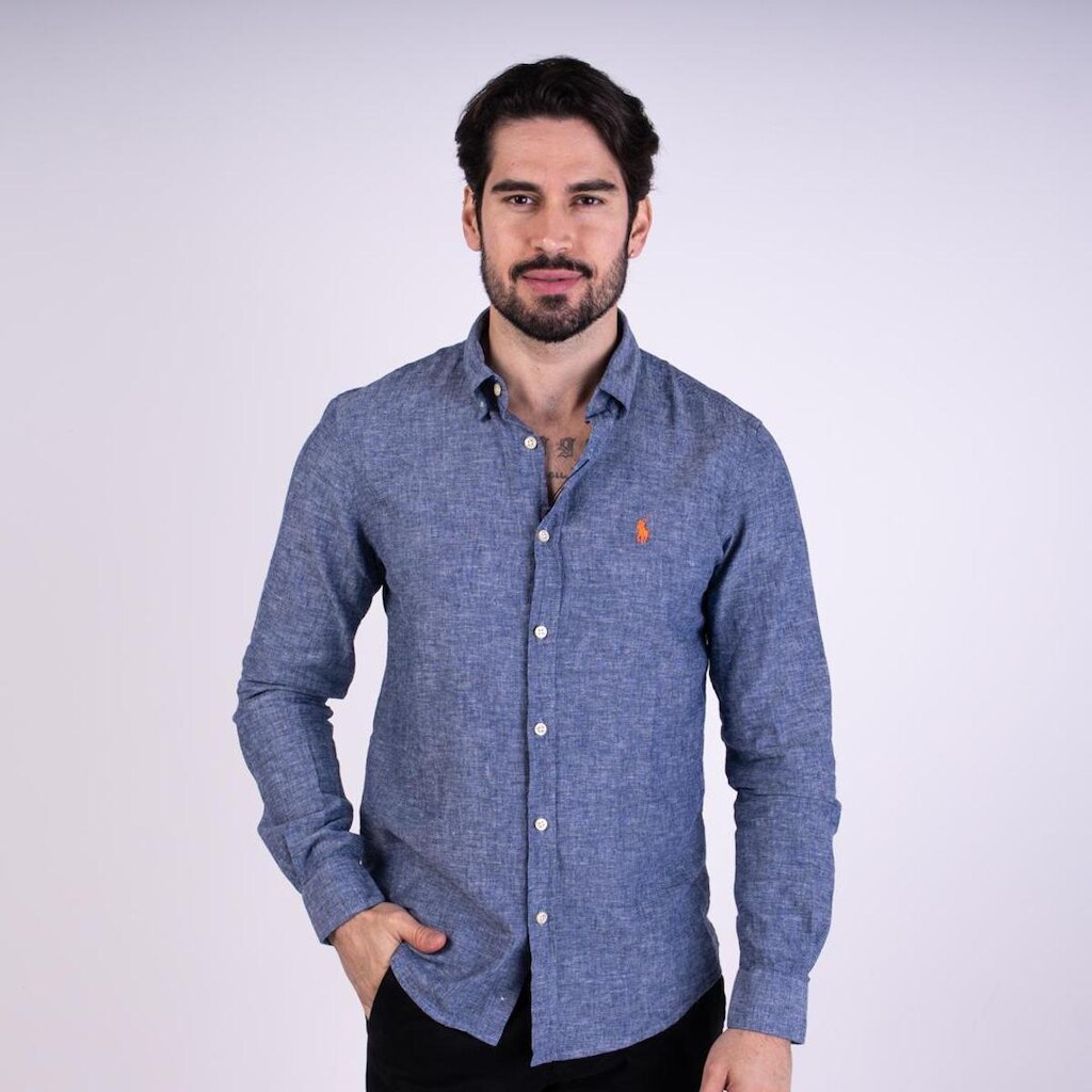 Camisa RL Linho Custom Fit Marinho Mescla