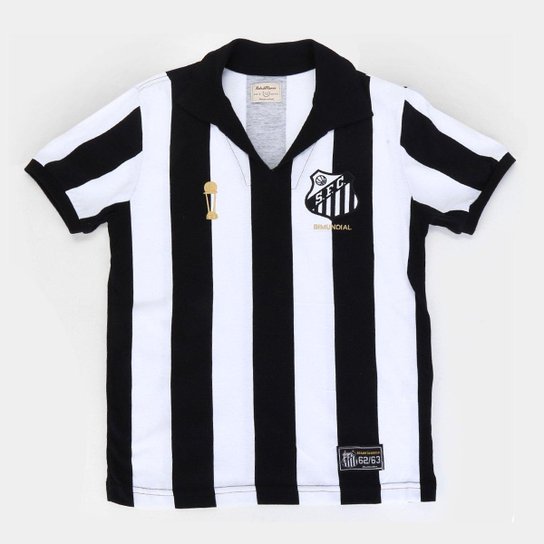 Camisa Santos Juvenil 1963 Bi Mundial Retrô Mania - Preto+Branco Menor preço em Camisa Santos Juvenil 1963 Bi Mundial Retrô Mania - Preto+Branco