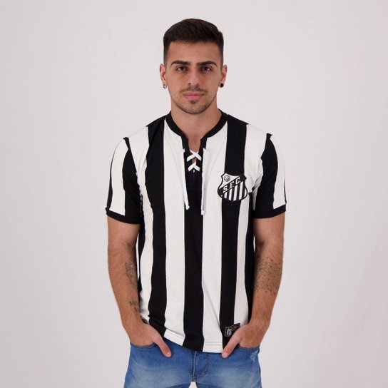 Camisa Santos Retrô Cordinha Masculina - Preto Menor preço em Camisa Santos Retrô Cordinha Masculina - Preto