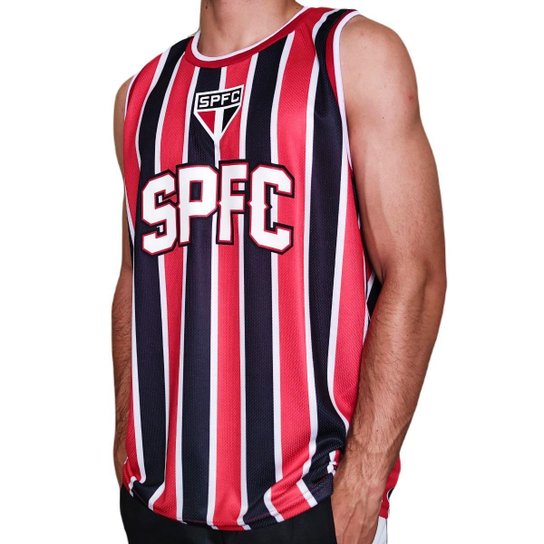 Camisa São Paulo Regata Basquete SPFC Listrada - Masculino - Preto+Vermelho Menor preço em Camisa São Paulo Regata Basquete SPFC Listrada - Masculino - Preto+Vermelho