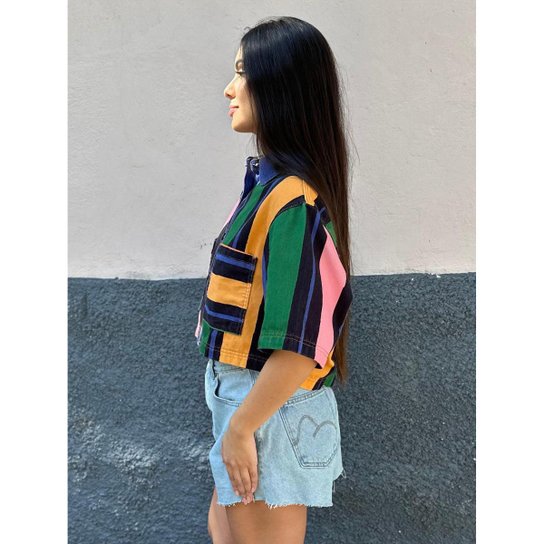 Camisa Sarja Cropped Listra Fantasia Farm Cor:;Tamanho:G