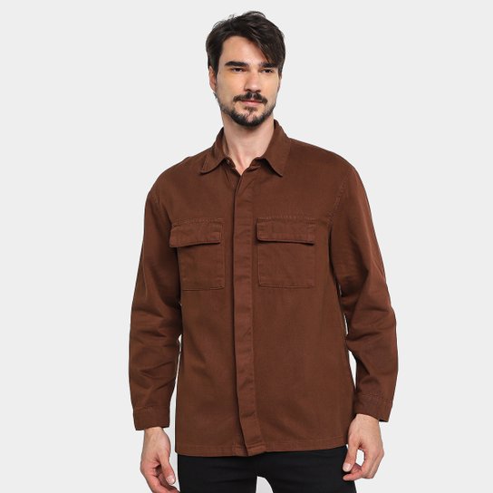 Camisa Sarja Hering Manga Longa Masculina - Marrom Menor preço em Camisa Sarja Hering Manga Longa Masculina - Marrom