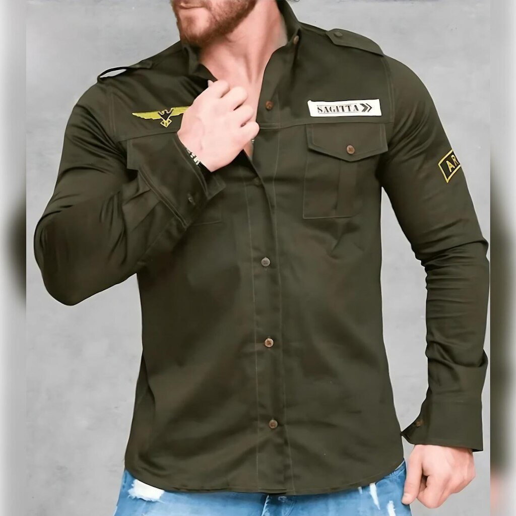 Camisa Sarja Sagitta com Elastano Patches Bordados Conforto